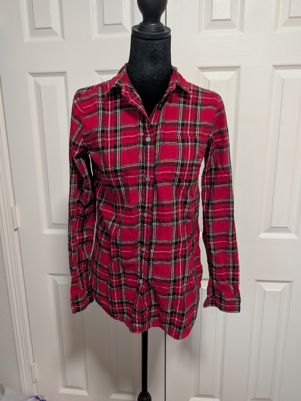 J. Crew Red Plaid Button-Down Shirt with Green and Black Accents